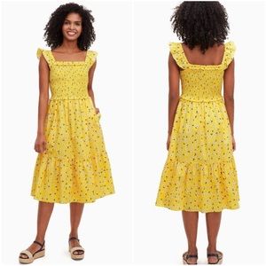 Kate Spade Womens Yellow Sesame Fleurette Toss Voile Smocked Dress Size Large
